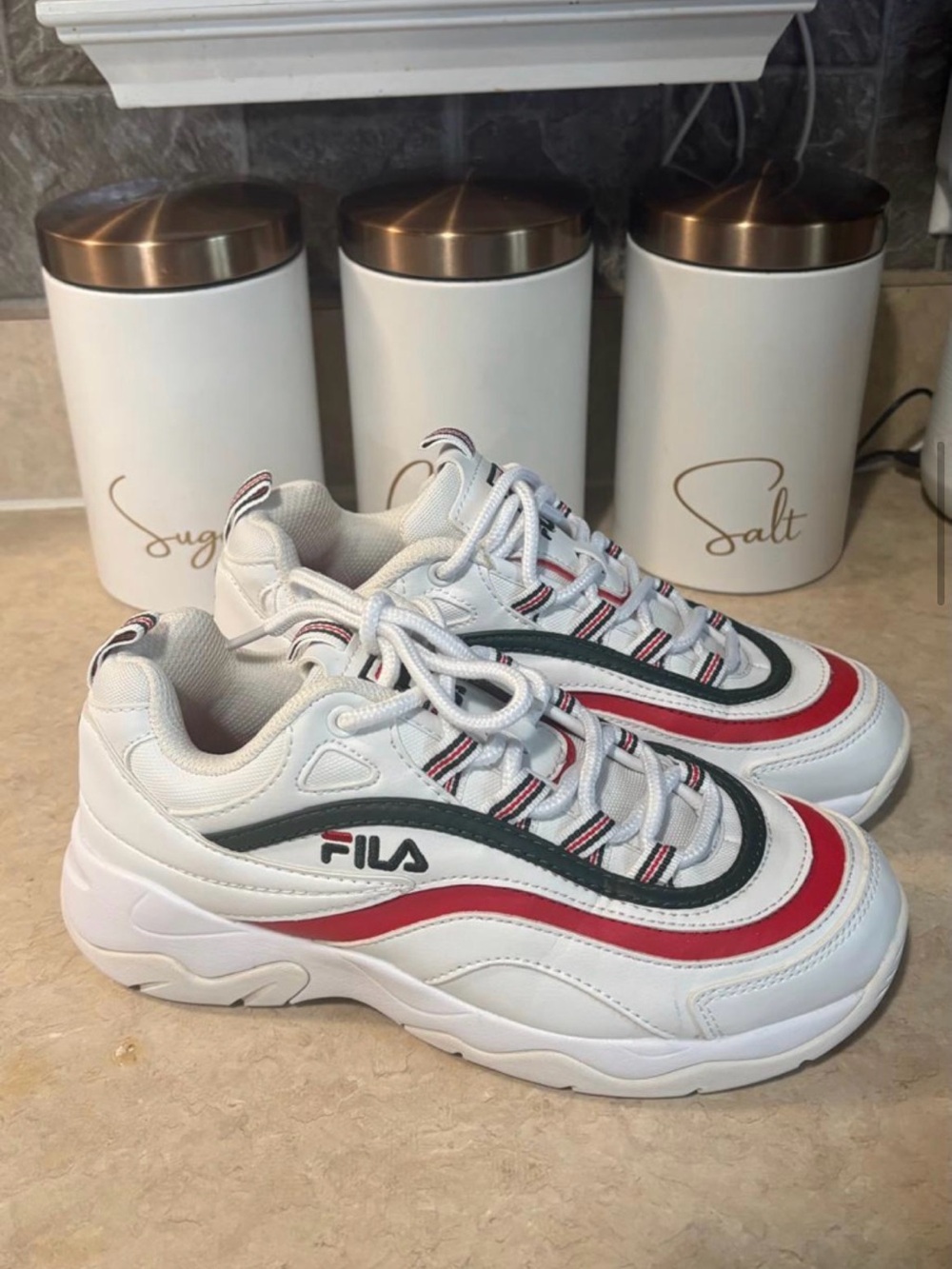 Fila White Sneakers with Red & Green Stripe Accents